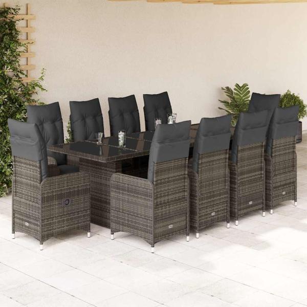 ARDEBO.de - 11-tlg. Garten-Bistro-Set mit Kissen Grau Poly Rattan