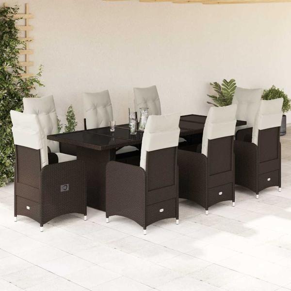 ARDEBO.de - 9-tlg. Garten-Bistro-Set mit Kissen Braun Poly Rattan