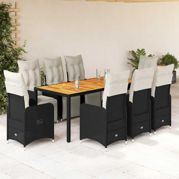 ARDEBO.de - 9-tlg. Garten-Bistro-Set mit Kissen Schwarz Poly Rattan