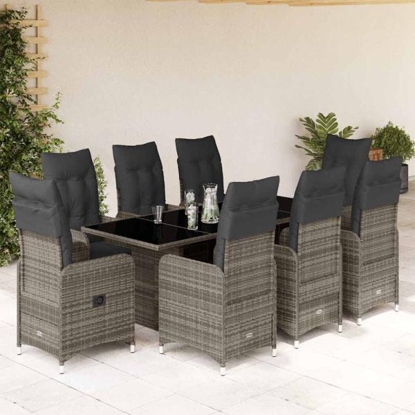 ARDEBO.de - 9-tlg. Garten-Bistro-Set mit Kissen Grau Poly Rattan