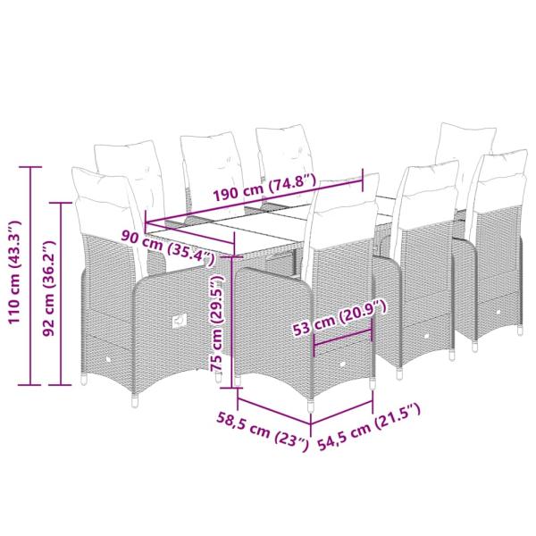 9-tlg. Garten-Bistro-Set mit Kissen Grau Poly Rattan