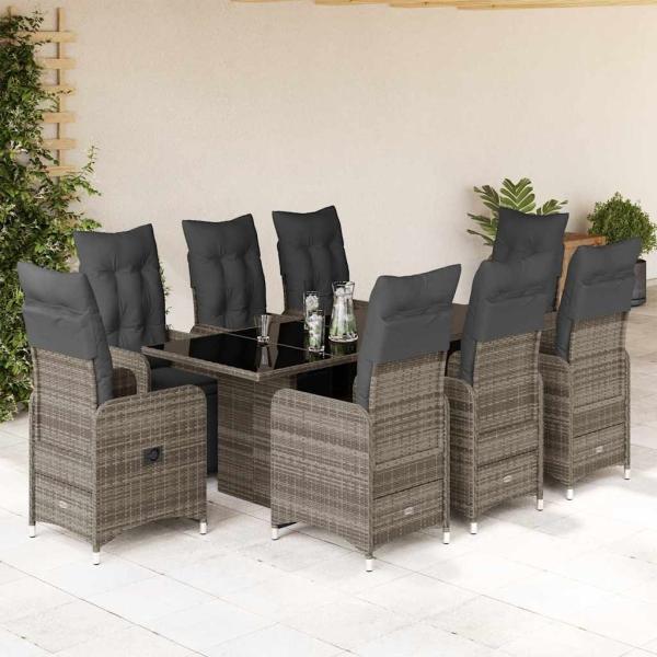 ARDEBO.de - 9-tlg. Garten-Bistro-Set mit Kissen Grau Poly Rattan