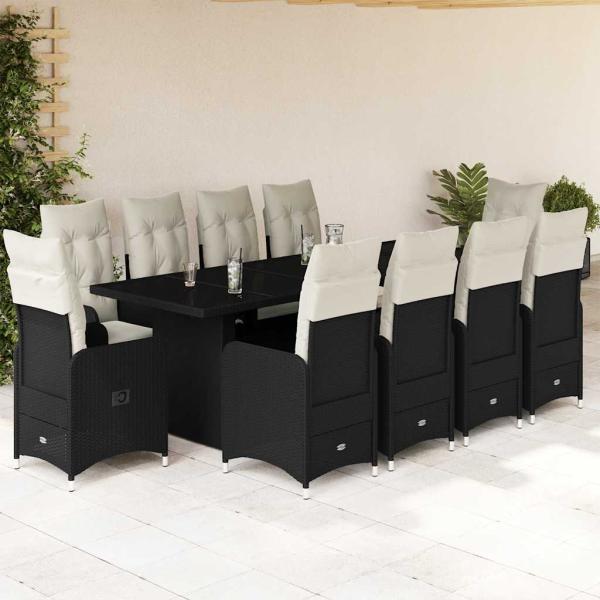 ARDEBO.de - 11-tlg. Garten-Bistro-Set mit Kissen Schwarz Poly Rattan
