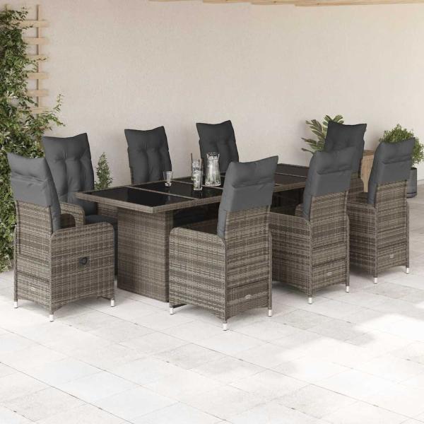 ARDEBO.de - 9-tlg. Garten-Bistro-Set mit Kissen Grau Poly Rattan
