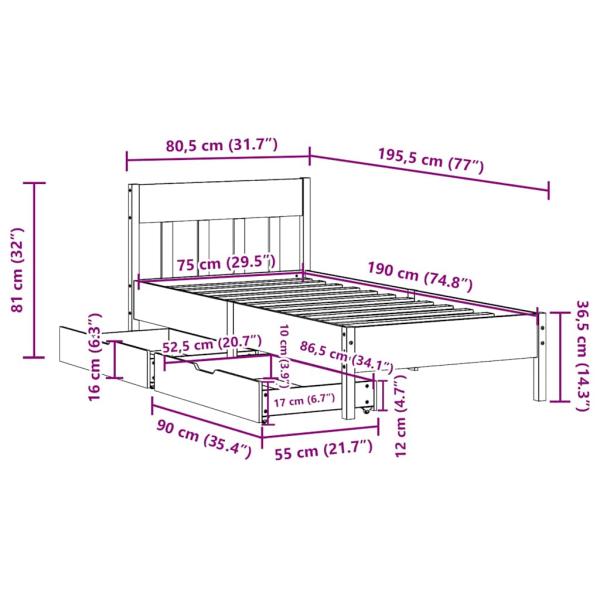 ARDEBO.de - Massivholzbett ohne Matratze Wachsbraun 75x190 cm Kiefernholz