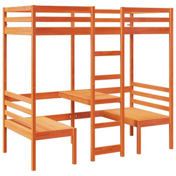 Hochbett mit Schreibtisch & Stühlen Braun 90x190 cm Kiefernholz
