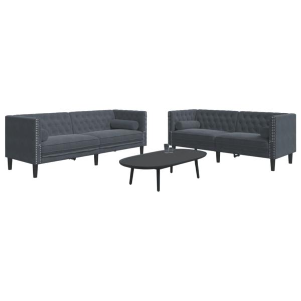 ARDEBO.de - 2-tlg. Chesterfield-Sofa-Set mit Nackenrollen Dunkelgrau Samt