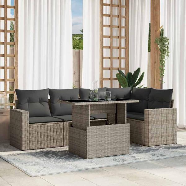 ARDEBO.de - 6-tlg. Garten-Sofagarnitur mit Kissen Hellgrau Poly Rattan