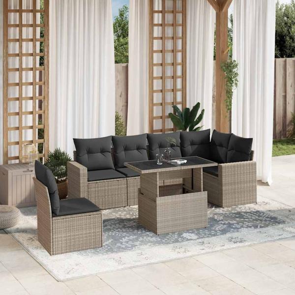 ARDEBO.de - 7-tlg. Garten-Sofagarnitur mit Kissen Hellgrau Poly Rattan