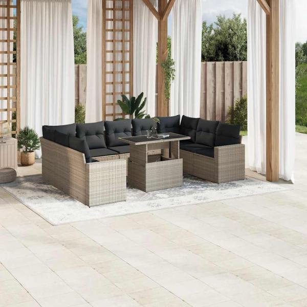 ARDEBO.de - 10-tlg. Garten-Sofagarnitur mit Kissen Hellgrau Poly Rattan