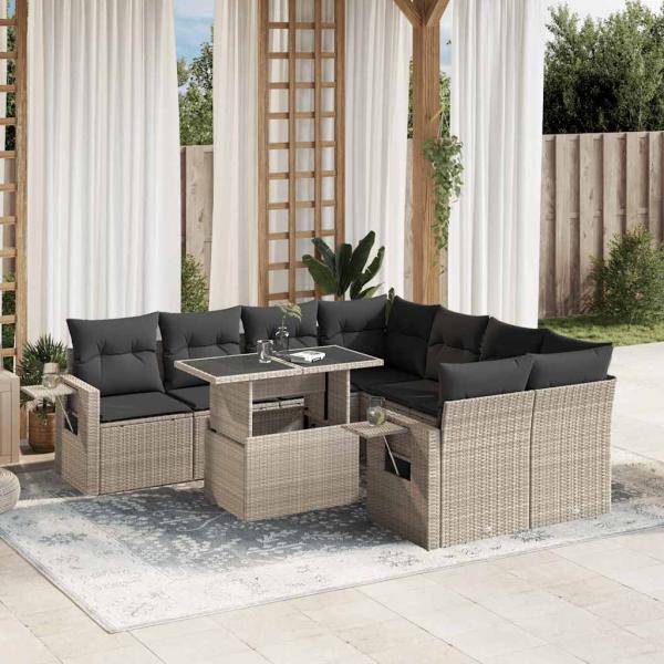 ARDEBO.de - 9-tlg. Garten-Sofagarnitur mit Kissen Hellgrau Poly Rattan