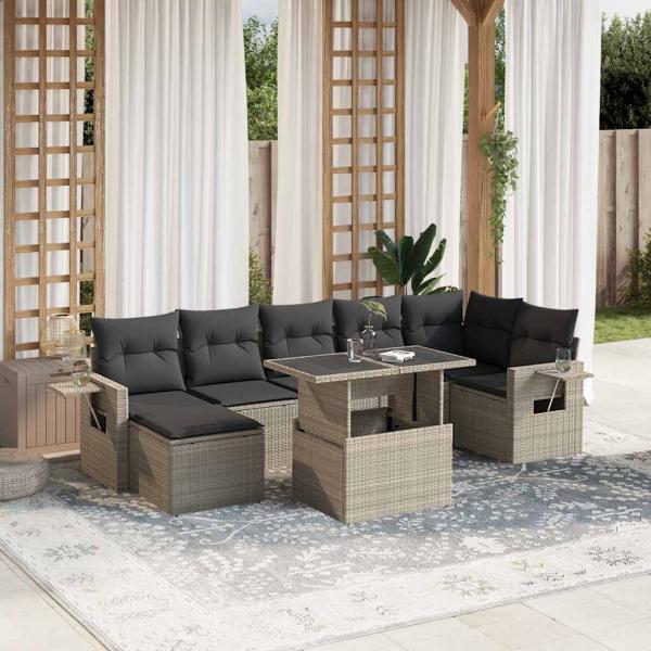 ARDEBO.de - 8-tlg. Garten-Sofagarnitur mit Kissen Hellgrau Poly Rattan