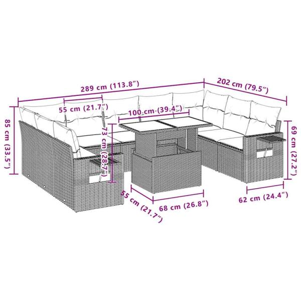 10-tlg. Garten-Sofagarnitur mit Kissen Hellgrau Poly Rattan