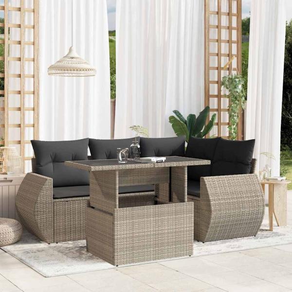 ARDEBO.de - 5-tlg. Garten-Sofagarnitur mit Kissen Hellgrau Poly Rattan