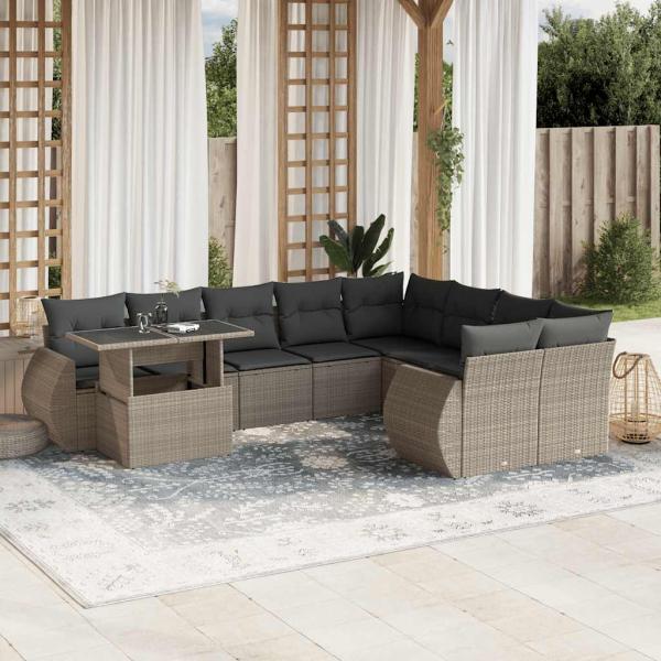 ARDEBO.de - 10-tlg. Garten-Sofagarnitur mit Kissen Hellgrau Poly Rattan