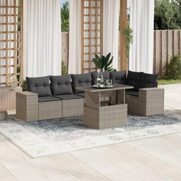 ARDEBO.de - 7-tlg. Garten-Sofagarnitur mit Kissen Hellgrau Poly Rattan