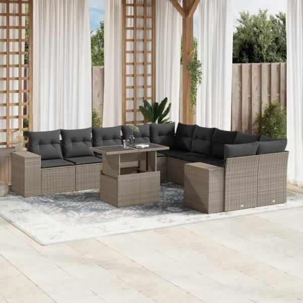 ARDEBO.de - 11-tlg. Garten-Sofagarnitur mit Kissen Hellgrau Poly Rattan