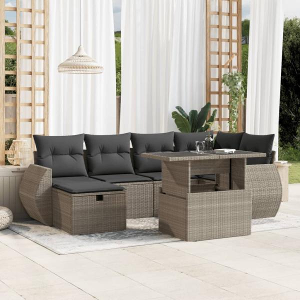 ARDEBO.de - 7-tlg. Garten-Sofagarnitur mit Kissen Hellgrau Poly Rattan