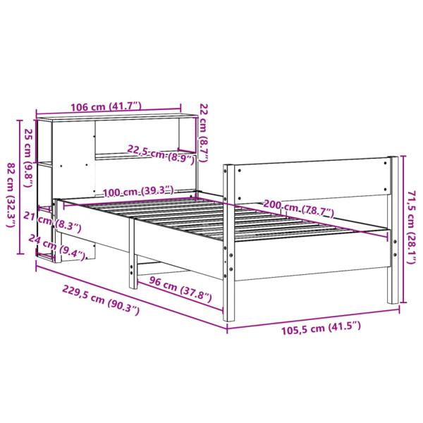 Massivholzbett mit Regal ohne Matratze Wachsbraun 100x200 cm