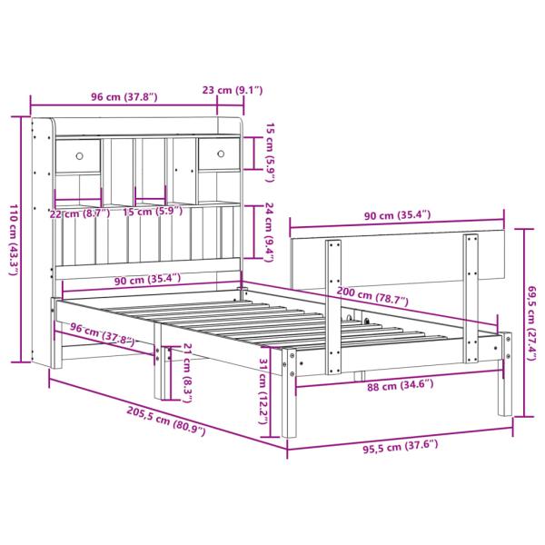 Massivholzbett mit Regal ohne Matratze 90x200 cm Kiefer