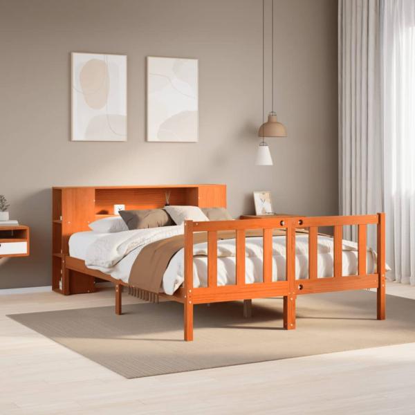 ARDEBO.de - Massivholzbett mit Regal ohne Matratze Wachsbraun 140x190 cm