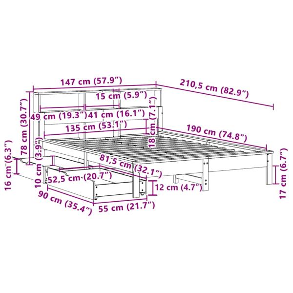 Massivholzbett mit Regal ohne Matratze Wachsbraun 135x190 cm