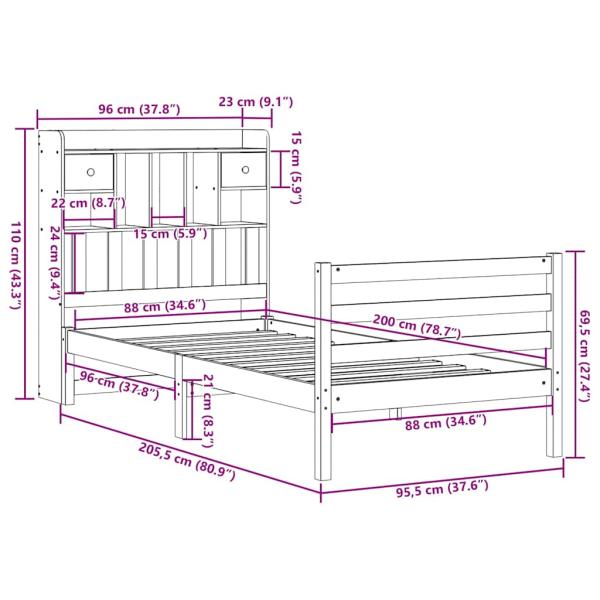 Massivholzbett mit Regal ohne Matratze 90x200 cm Kiefer