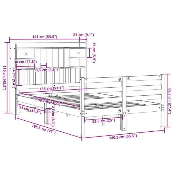 Massivholzbett mit Regal ohne Matratze Wachsbraun 135x190 cm