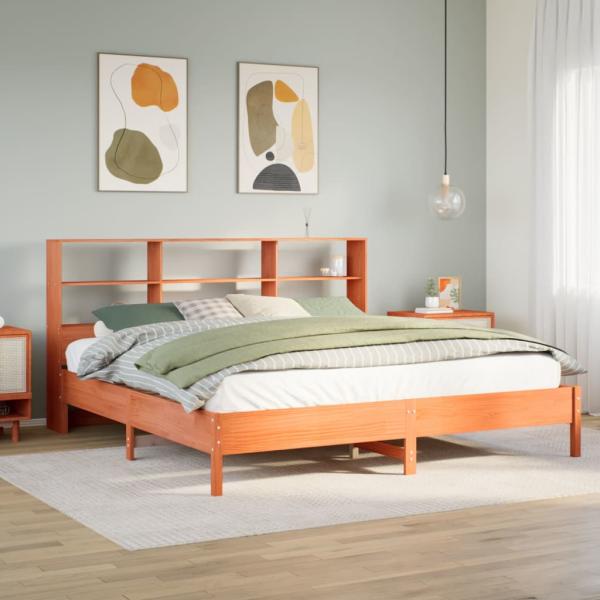 ARDEBO.de - Massivholzbett mit Regal ohne Matratze Wachsbraun 200x200 cm