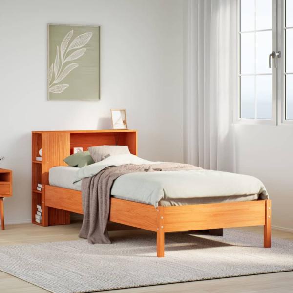 ARDEBO.de - Massivholzbett mit Regal ohne Matratze Wachsbraun 75x190 cm