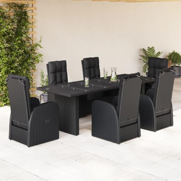 ARDEBO.de - 7-tlg. Garten-Essgruppe mit Kissen Schwarz Poly Rattan