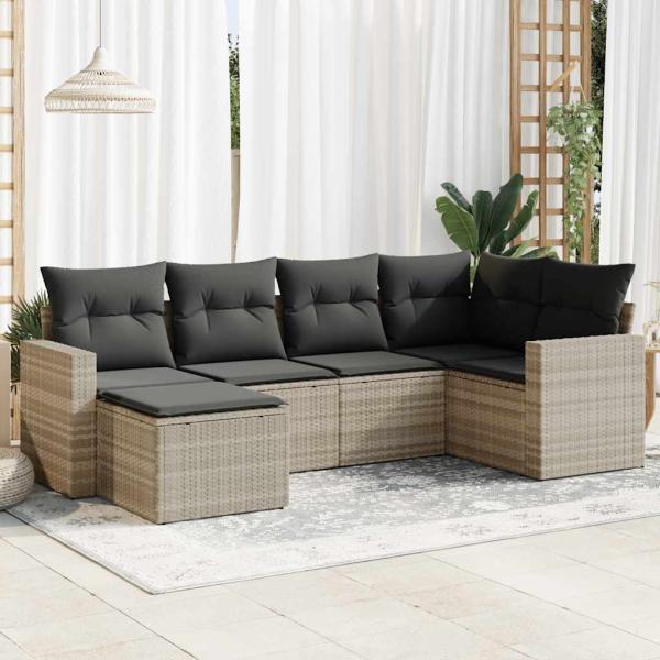 ARDEBO.de - 6-tlg. Garten-Sofagarnitur mit Kissen Hellgrau Poly Rattan