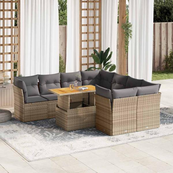 ARDEBO.de - 9-tlg. Garten-Sofagarnitur mit Kissen Beige Poly Rattan