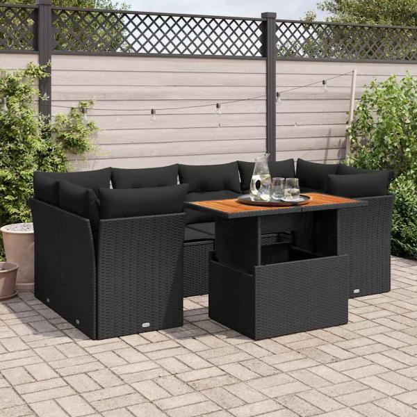 ARDEBO.de - 7-tlg. Garten-Sofagarnitur mit Kissen Schwarz Poly Rattan