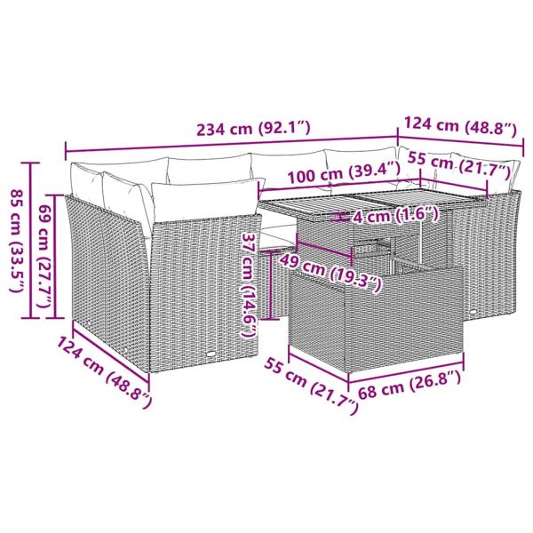 7-tlg. Garten-Sofagarnitur mit Kissen Schwarz Poly Rattan