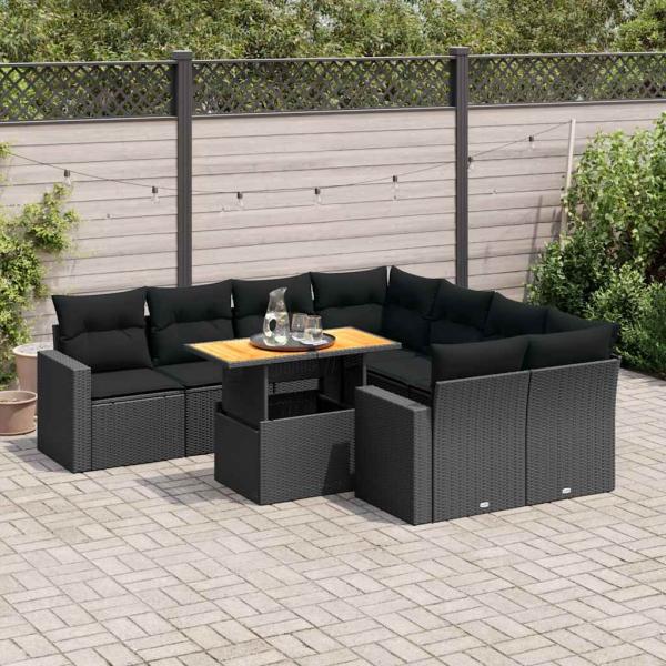 ARDEBO.de - 9-tlg. Garten-Sofagarnitur mit Kissen Schwarz Poly Rattan