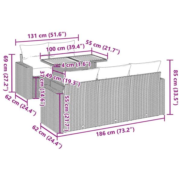 6-tlg. Garten-Sofagarnitur mit Kissen Schwarz Poly Rattan