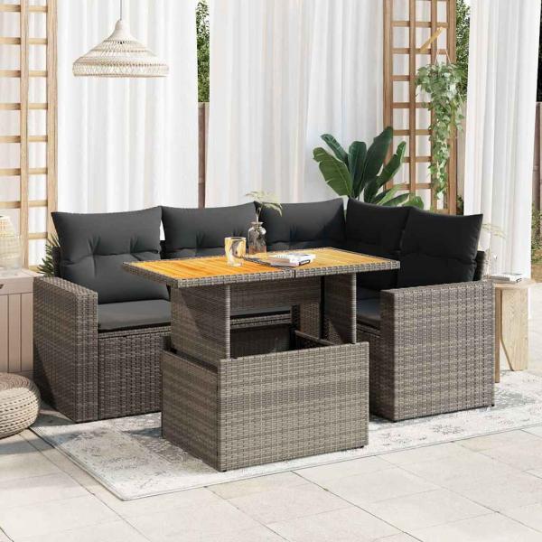 ARDEBO.de - 5-tlg. Garten-Sofagarnitur mit Kissen Grau Poly Rattan