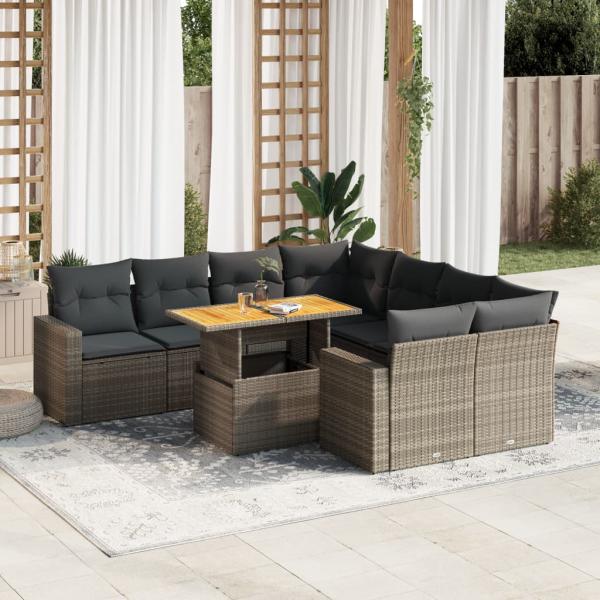 ARDEBO.de - 9-tlg. Garten-Sofagarnitur mit Kissen Grau Poly Rattan