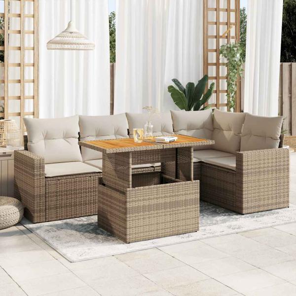 ARDEBO.de - 6-tlg. Garten-Sofagarnitur mit Kissen Beige Poly Rattan