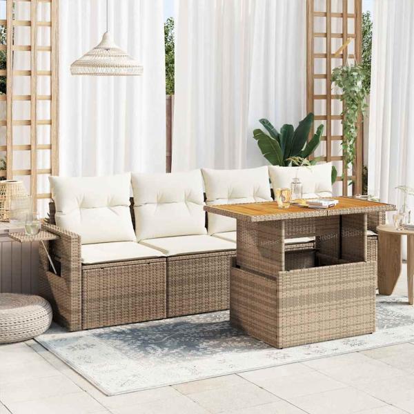 ARDEBO.de - 5-tlg. Garten-Sofagarnitur mit Kissen Beige Poly Rattan