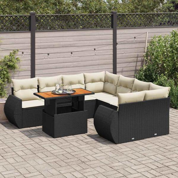 ARDEBO.de - 9-tlg. Garten-Sofagarnitur mit Kissen Schwarz Poly Rattan