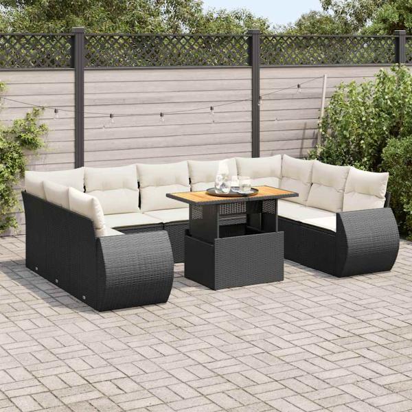 ARDEBO.de - 10-tlg. Garten-Sofagarnitur mit Kissen Schwarz Poly Rattan