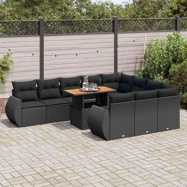 ARDEBO.de - 11-tlg. Garten-Sofagarnitur mit Kissen Schwarz Poly Rattan
