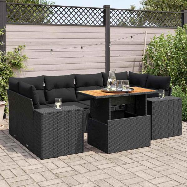 ARDEBO.de - 7-tlg. Garten-Sofagarnitur mit Kissen Schwarz Poly Rattan