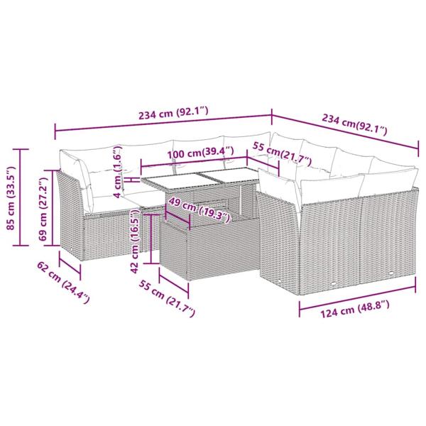 9-tlg. Garten-Sofagarnitur mit Kissen Braun Poly Rattan