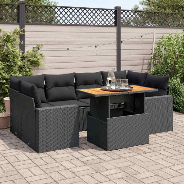 ARDEBO.de - 7-tlg. Garten-Sofagarnitur mit Kissen Schwarz Poly Rattan
