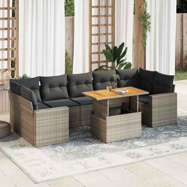 ARDEBO.de - 8-tlg. Garten-Sofagarnitur mit Kissen Grau Poly Rattan