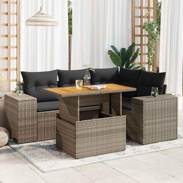 ARDEBO.de - 5-tlg. Garten-Sofagarnitur mit Kissen Grau Poly Rattan