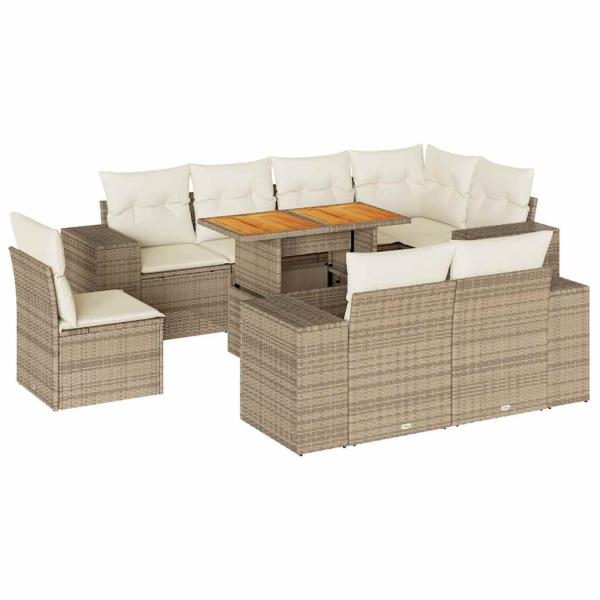 9-tlg. Garten-Sofagarnitur mit Kissen Beige Poly Rattan